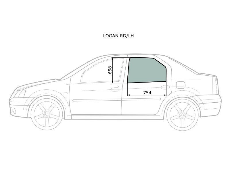XYG Стекло боковое опускное (Сзади/ Слева/ Цвет зеленый) Renault Logan 04-16 / Dacia Logan 04-08
